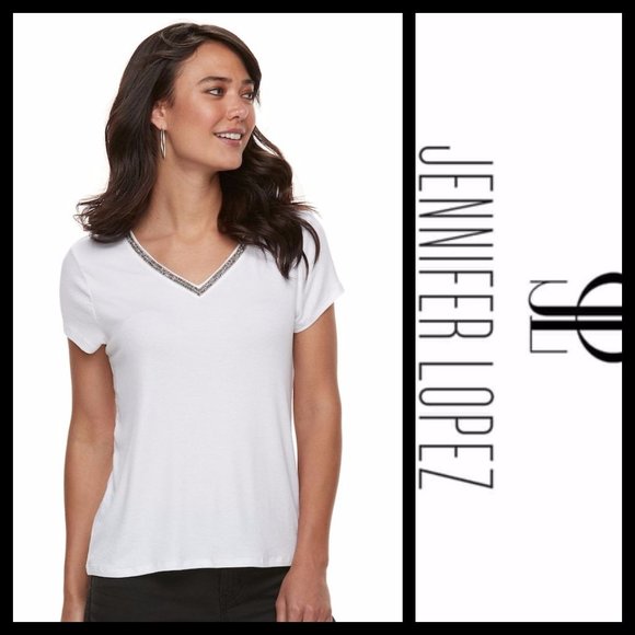 Jennifer Lopez Tops - Jennifer Lopez White Embellished V-neck Tee NWT S